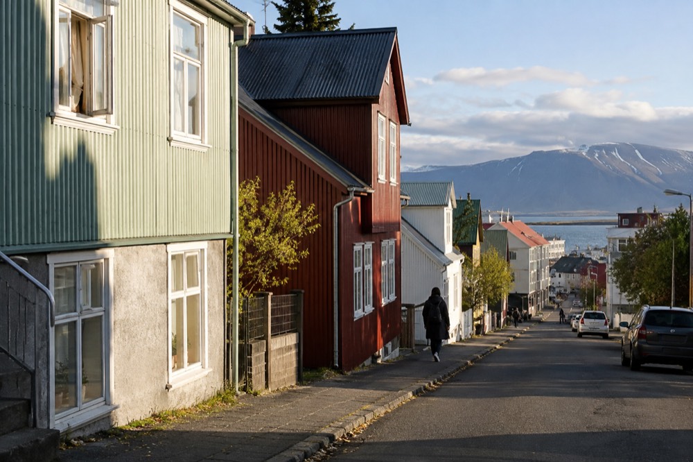 A street of coloured houses in central Reykjavik on a clear day