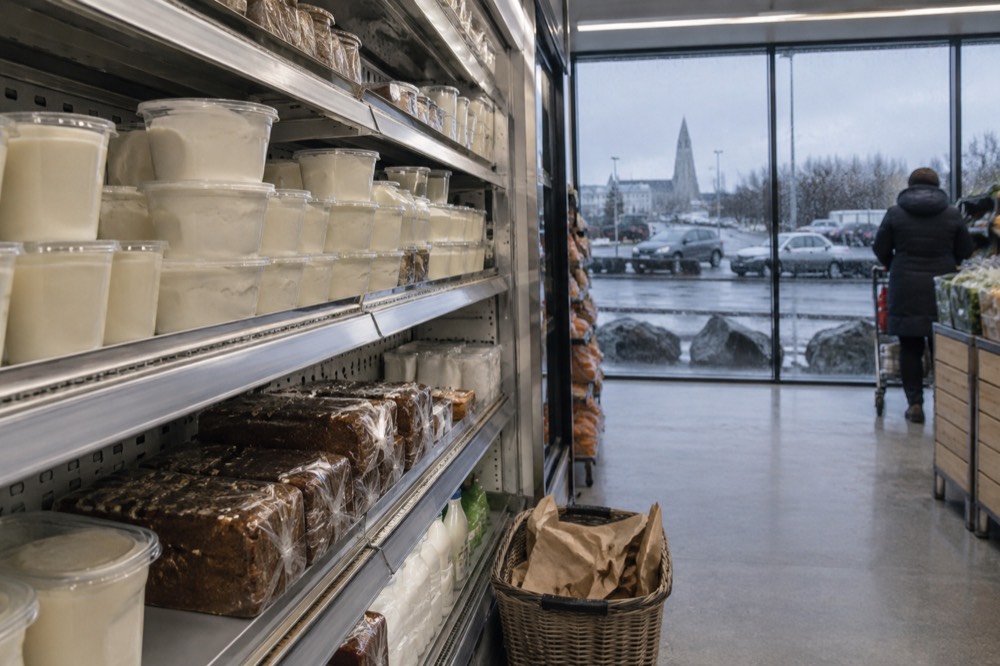 A supermarket shelf with bread, skyr tubs and deli packaging