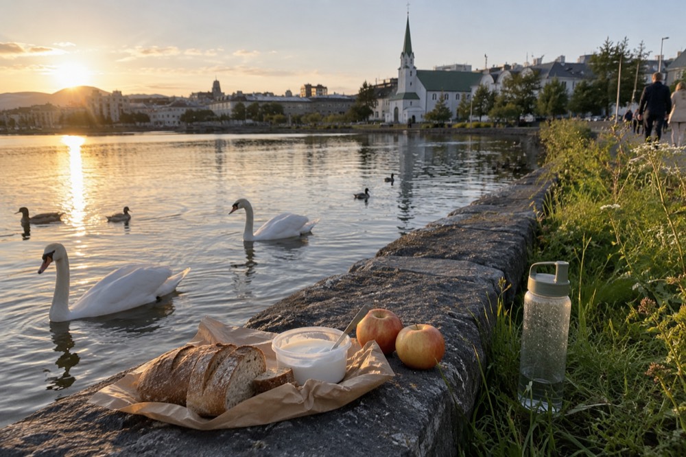A picnic of bread, skyr and fruit on a bench beside a pond