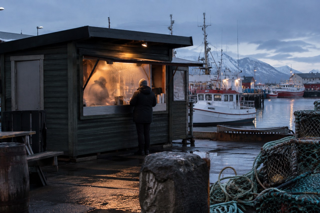 A harbour-side food stall in Reykjavik with fishing boats moored behind it
