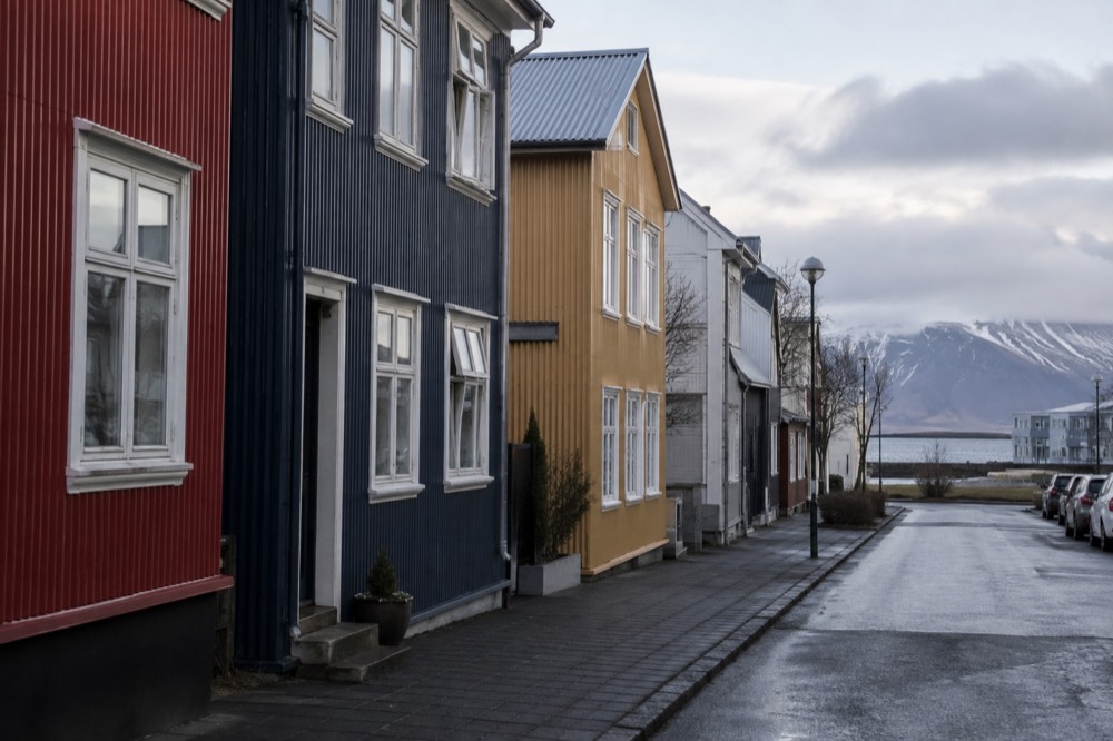 Row of brightly painted corrugated iron houses in central Reykjavik on a quiet morning