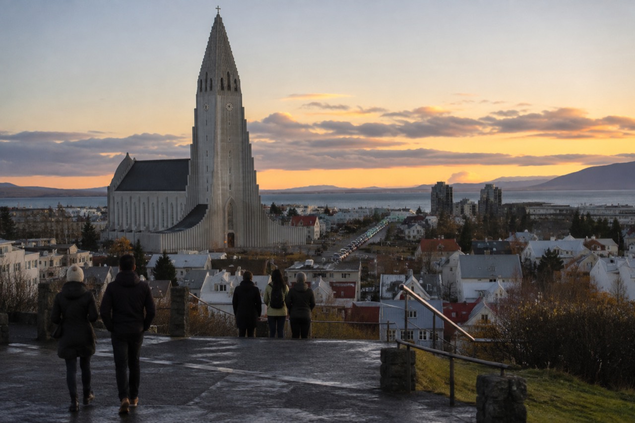 Colourful rooftops of Reykjavik with the Hallgrims Church tower rising above the town