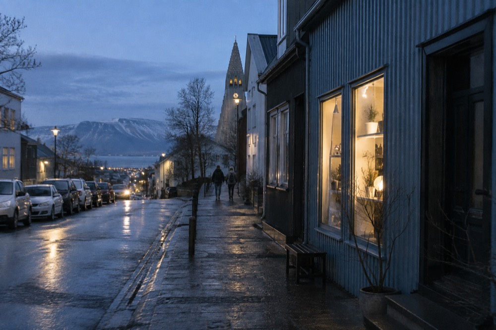 Reykjavik street with small shops and distant mountains under a wide sky