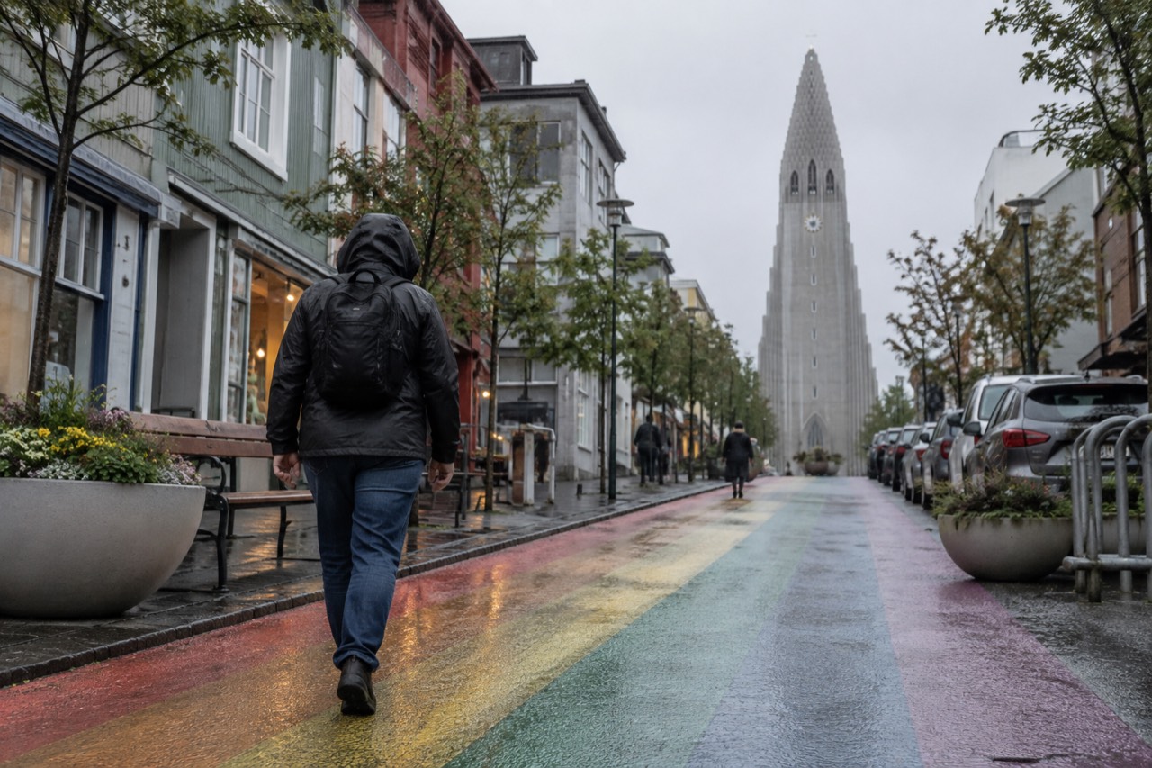 A traveler in jeans and a waterproof jacket walks along a Reykjavik street with Hallgrímskirkja in the background under a grey sky.