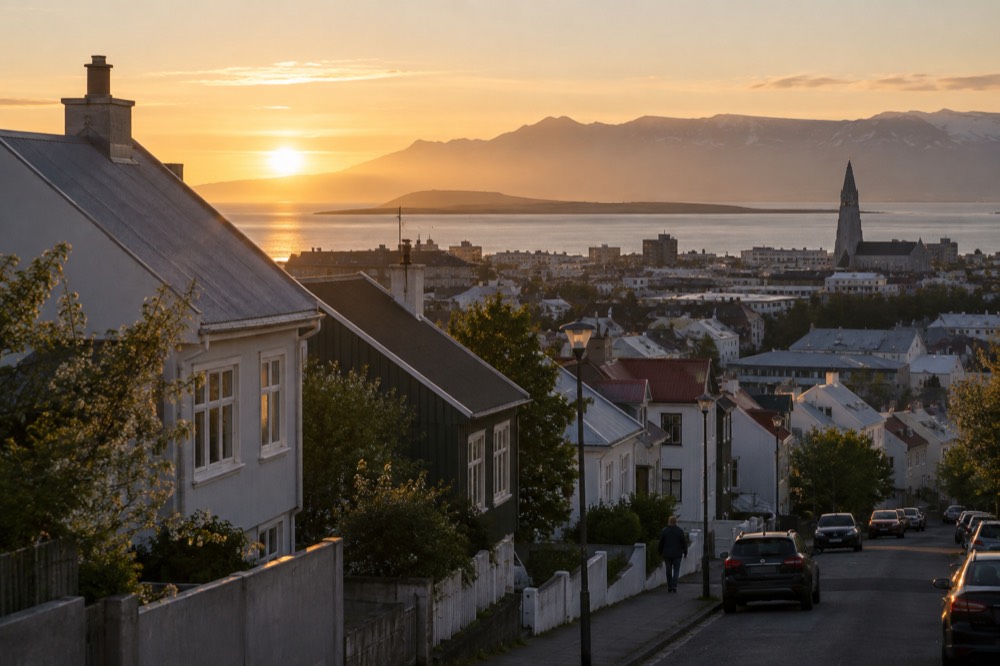 Golden midnight sun light over Reykjavik rooftops and distant hills