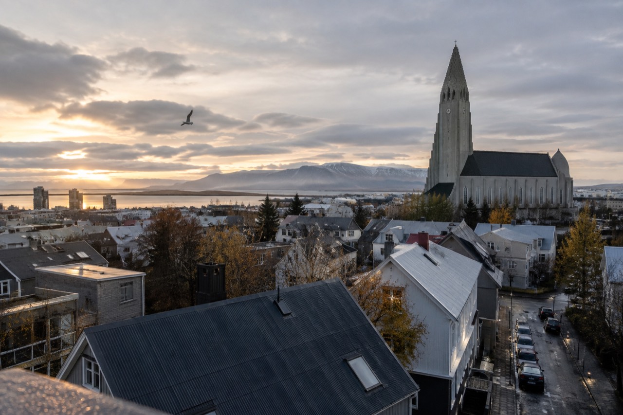 View across Reykjavik rooftops toward Hallgrimskirkja church on a bright day