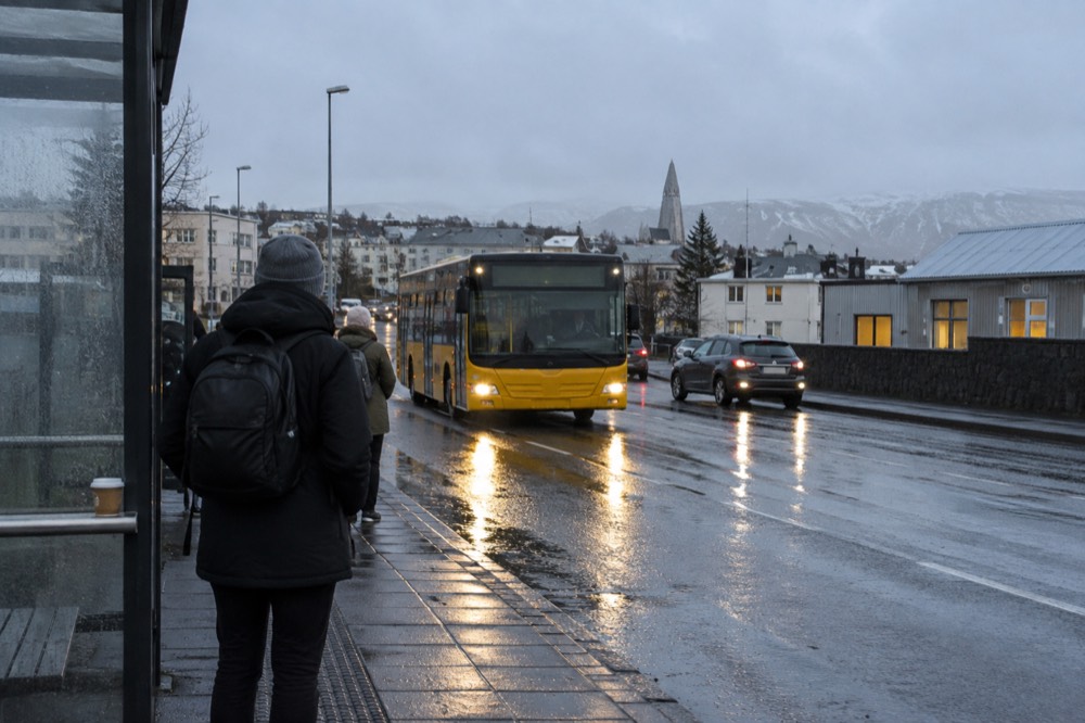 A city bus at a Reykjavik stop with low buildings behind it