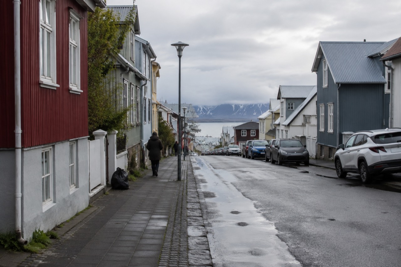 A quiet Reykjavik side street with parked cars and low colorful buildings under an overcast sky