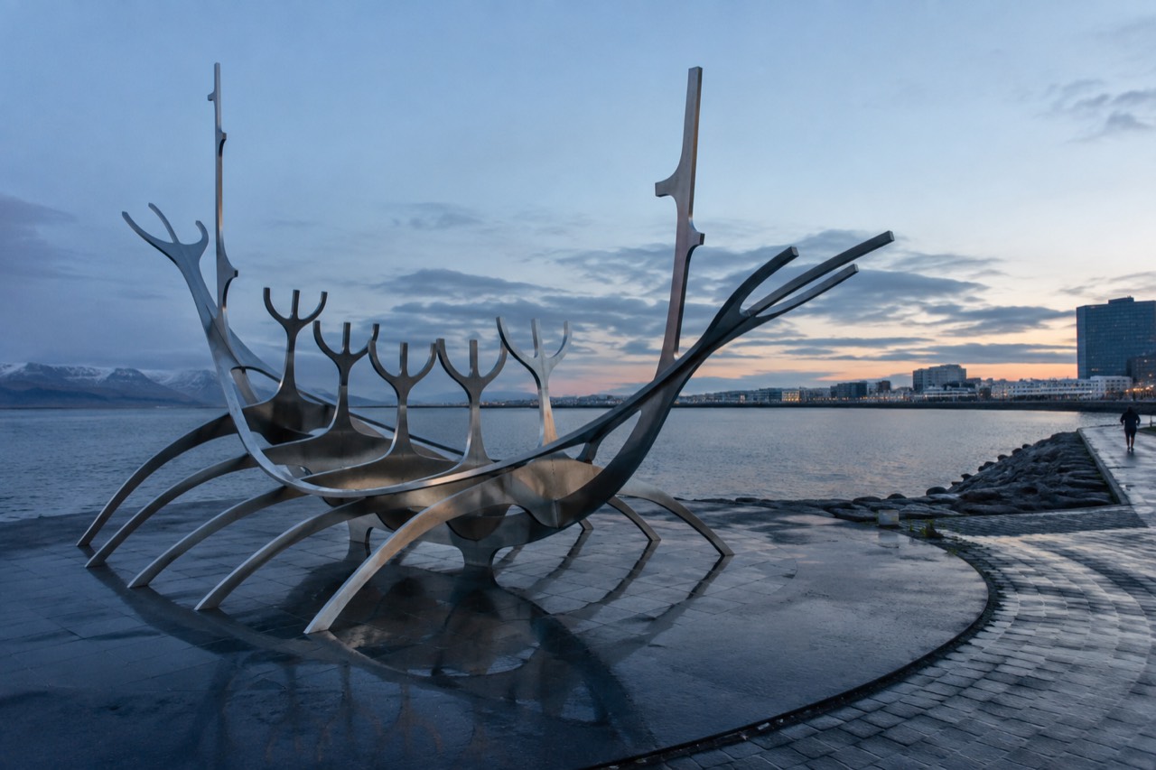 The Sun Voyager steel sculpture on Reykjavik waterfront path