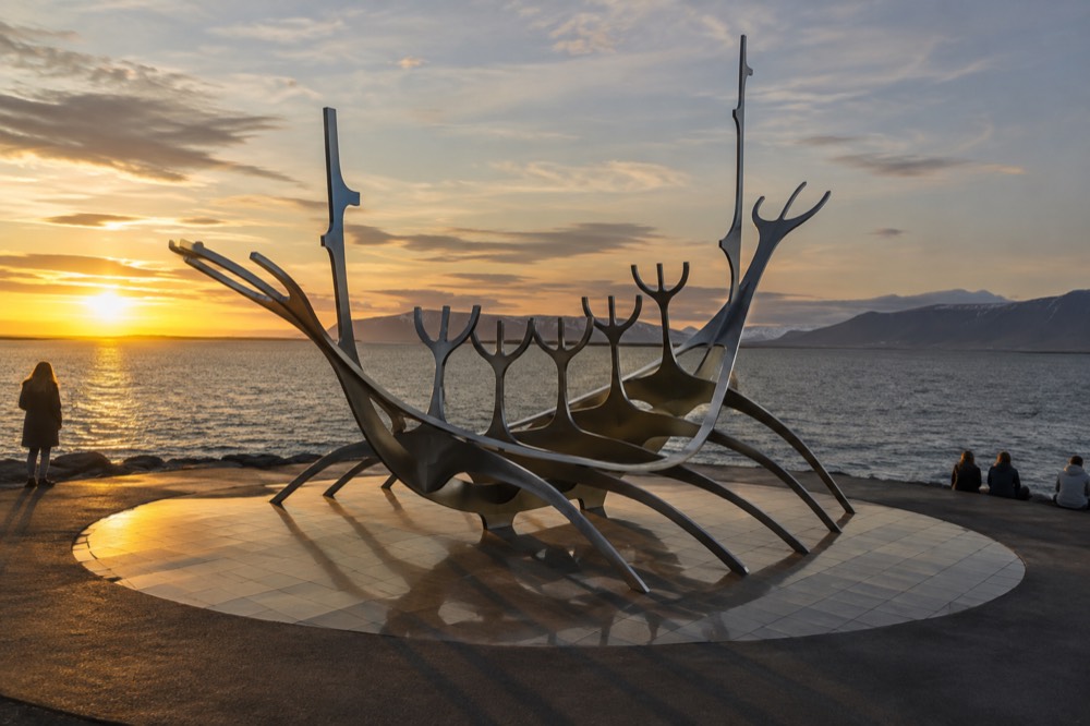 The Sun Voyager steel sculpture on Reykjavik's waterfront pointing toward the sea