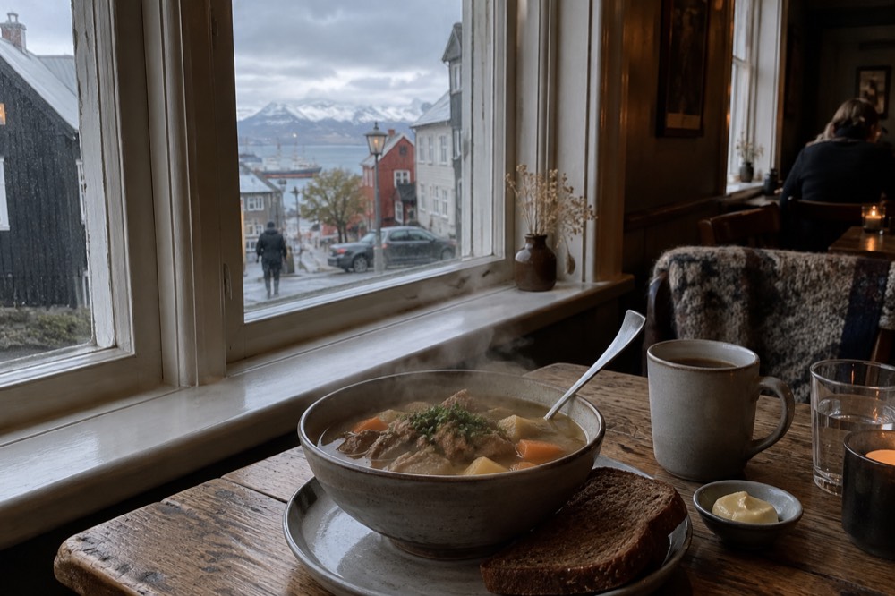 A bowl of lamb soup with bread on a wooden café table