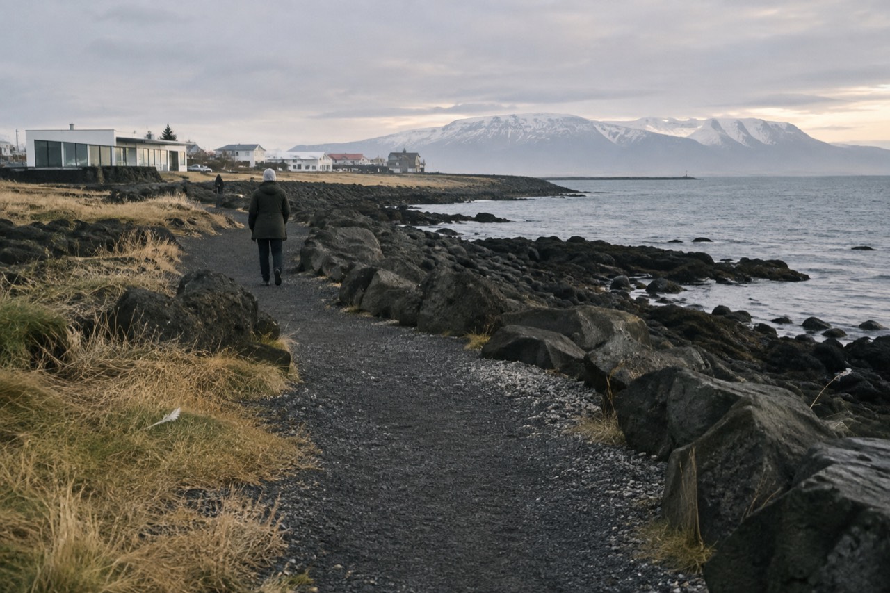 A coastal path with dark volcanic rock and a distant snow capped mountain under a pale sky