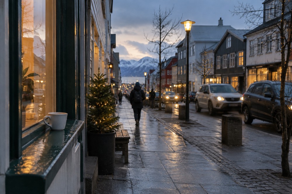 A street of small shops and cafes on a pedestrian street in central Reykjavik