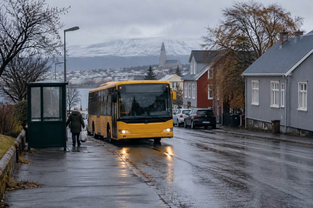 A city bus at a stop beside a residential street with low buildings
