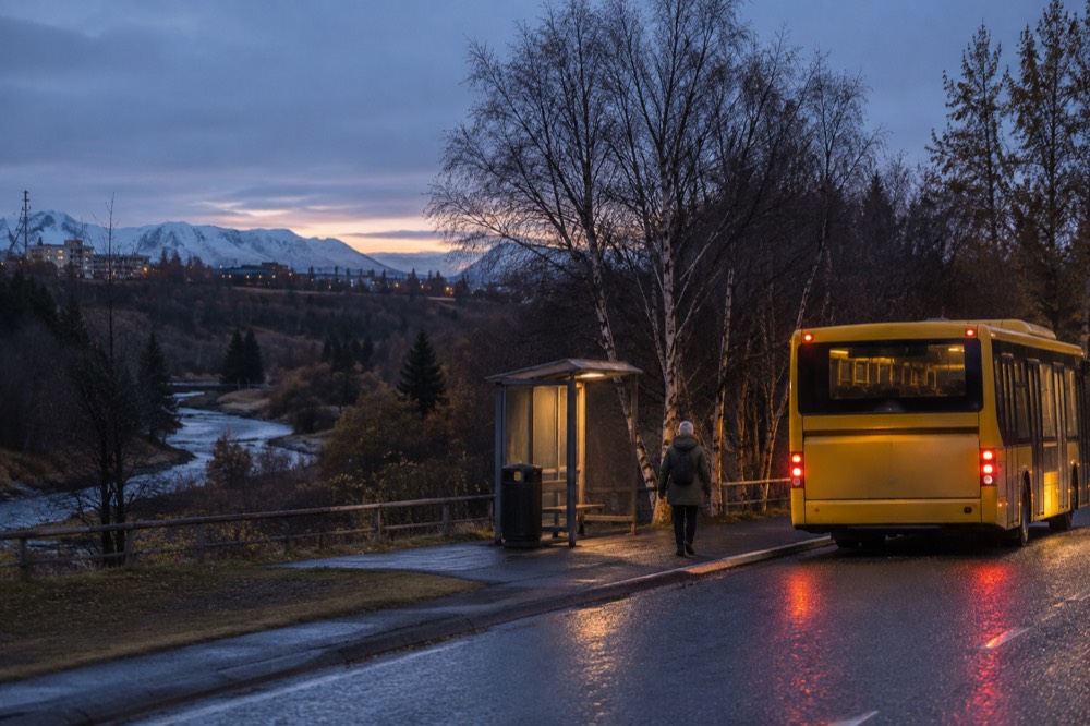 A city bus at a stop beside a wooded area with a river behind