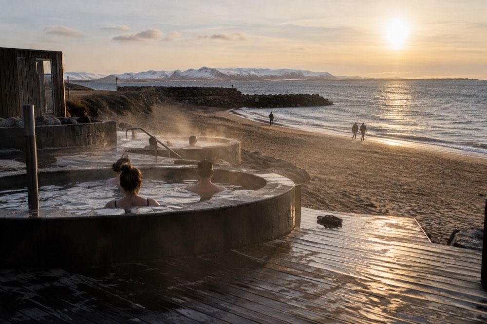 A sandy geothermal lagoon with steam drifting over hot pots beside the sea