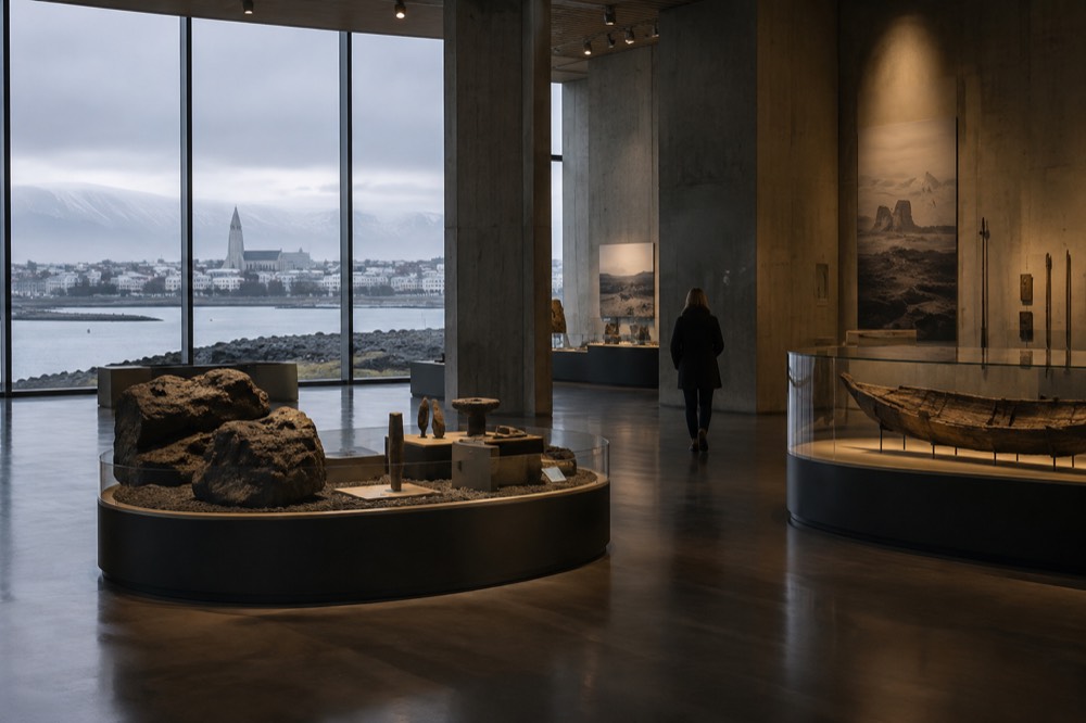 Exhibition hall in a Reykjavik museum with displays under spotlights