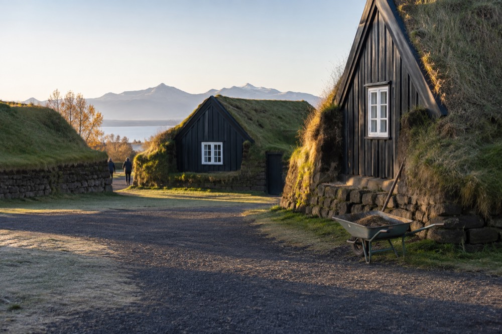 Turf-roofed historic farm buildings at an open air museum