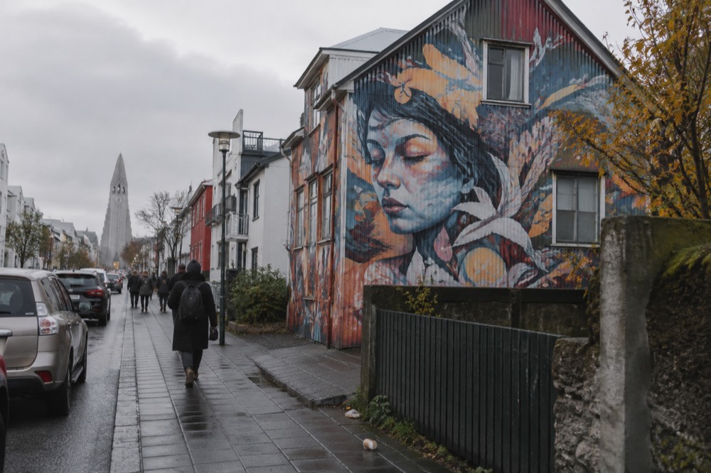 A large colourful mural painted on the gable wall of a residential street