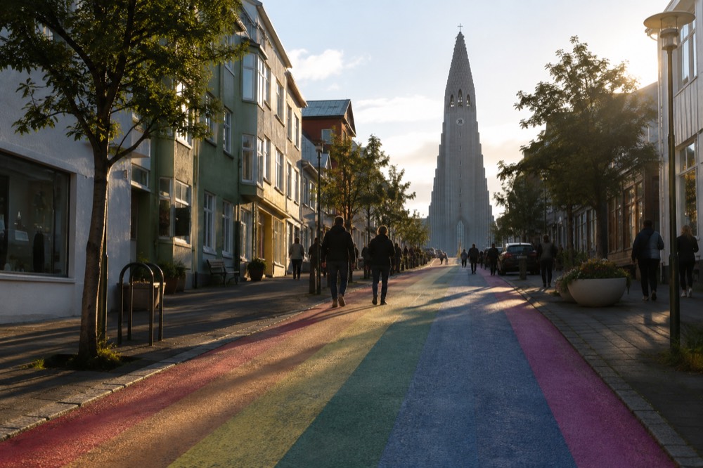 The rainbow-painted Skólavörðustígur street sloping up toward the Hallgrímskirkja church on a bright day