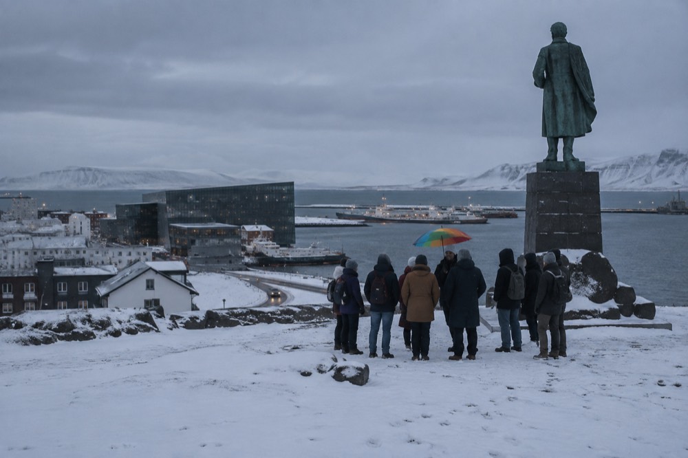 A guide with a small group standing on a snowy square in central Reykjavik