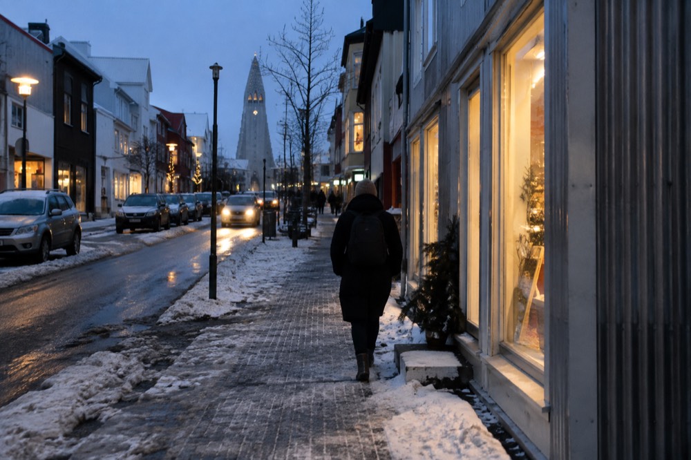 A winter street scene with warm lights in shop windows and snow on the pavement