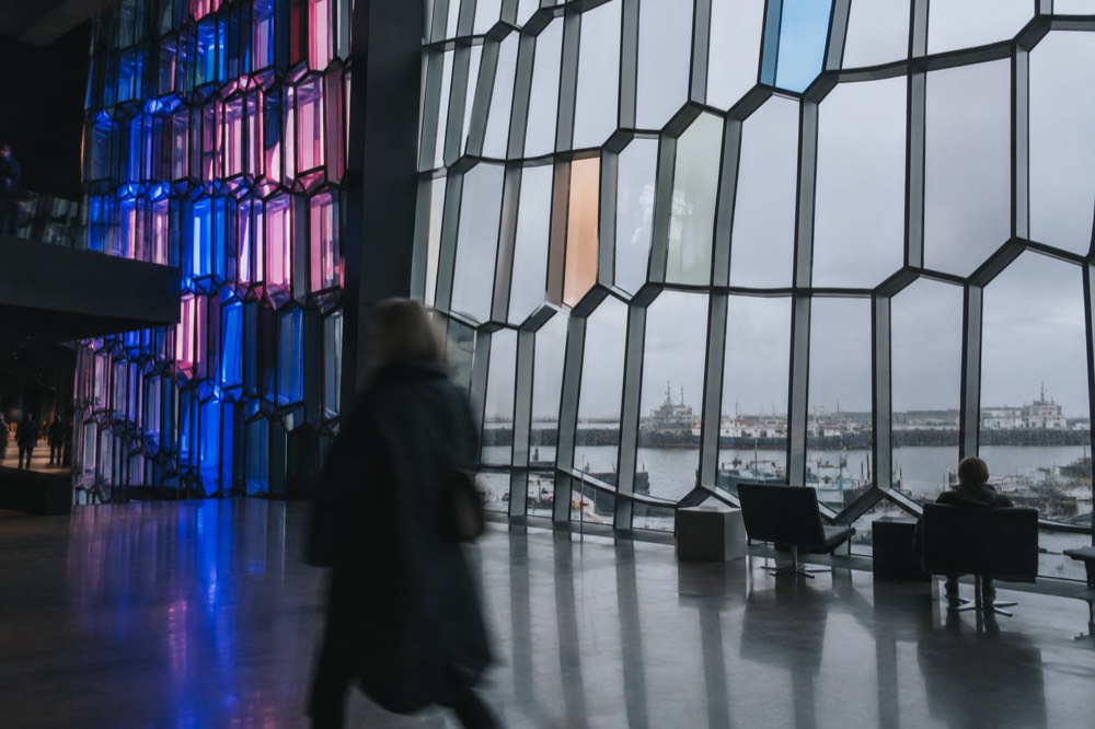 Hljóðhimnar sound installation inside Harpa, with interactive light panels on the wall