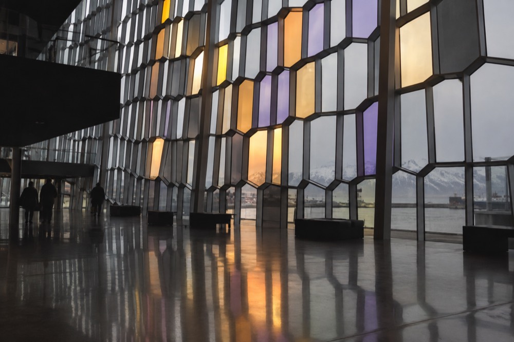 Close-up of the Hljóðhimnar sound installation's light panels reacting to movement