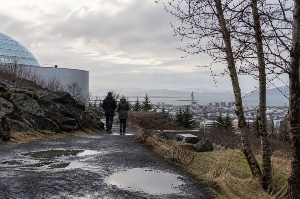 Reykjavik rooftops and church tower seen from a hillside path
