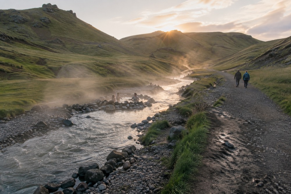 Steaming river running through a green valley with a gravel path alongside
