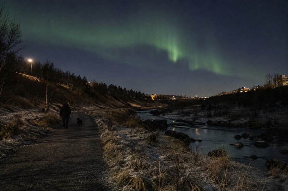 Dark river valley path with faint green aurora above the treeline