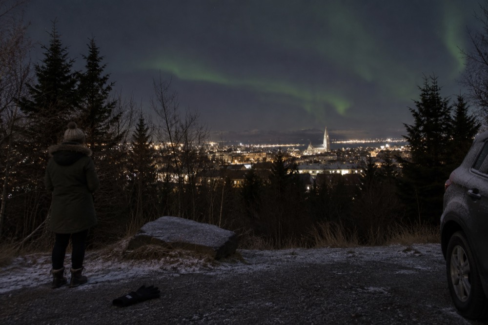 Wooded hilltop clearing above city lights with aurora overhead