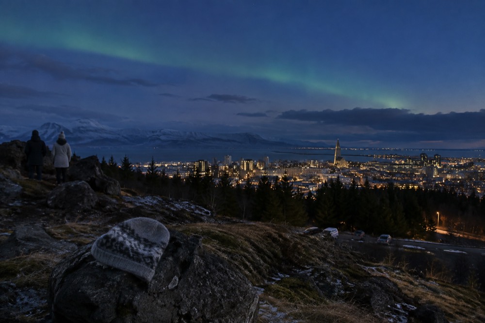 Night sky over Reykjavik with faint green aurora above the city skyline seen from a hilltop clearing