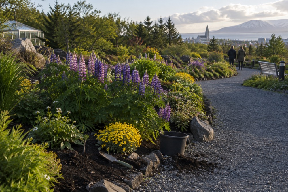 Rows of flowering perennial beds beside a gravel path