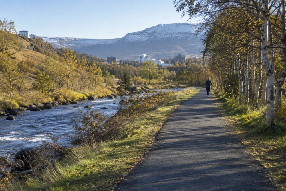 Riverside path through a green valley with a small river running alongside