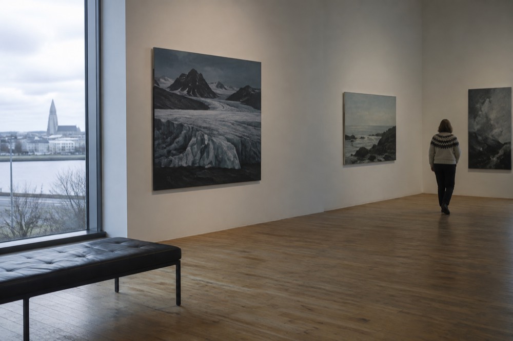 A museum gallery interior with contemporary art on white walls