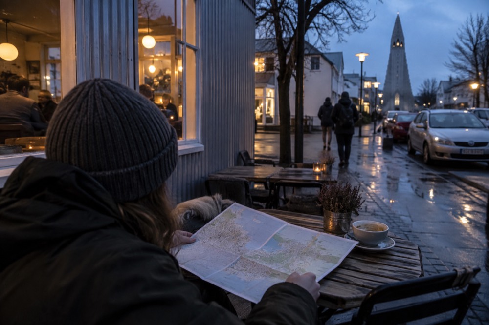 A visitor planning a route with a paper map at an outdoor table