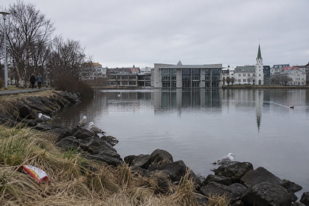 View across Tjörnin pond toward Reykjavik City Hall with park trees along the shoreline