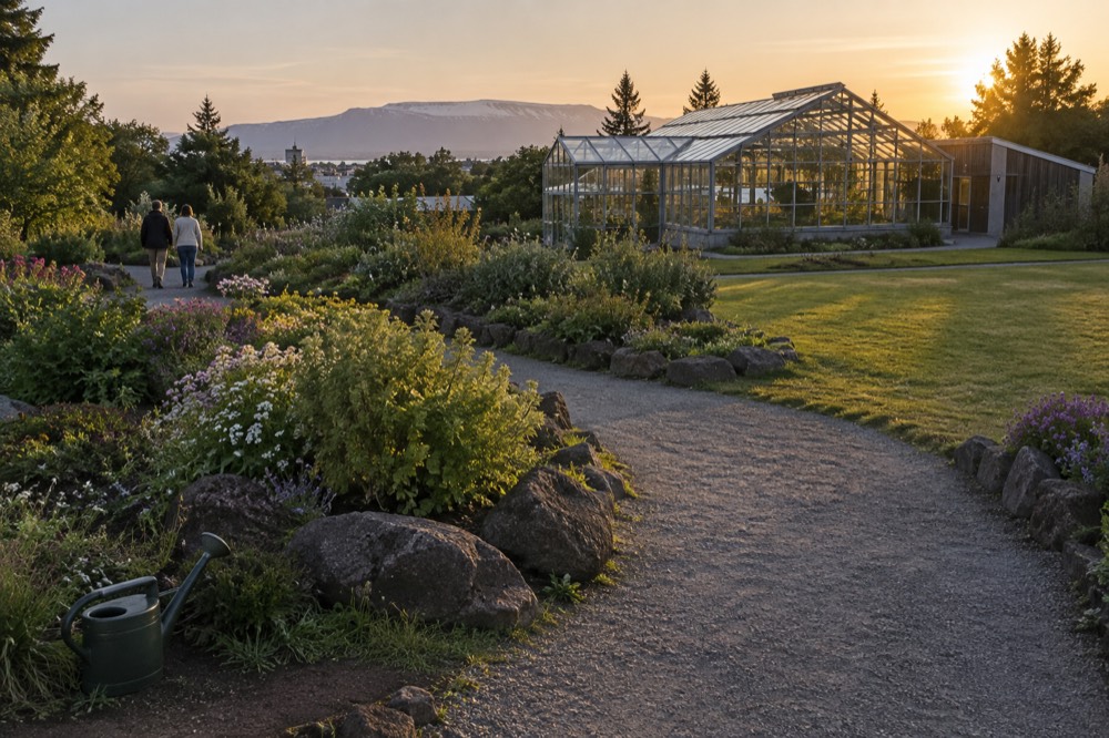 Tree-lined path in Hljómskálagarður park beside the pond with lawns and statues
