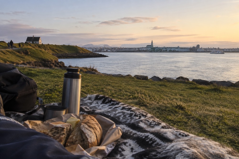 A picnic blanket on grass with the Reykjavik skyline visible across the water