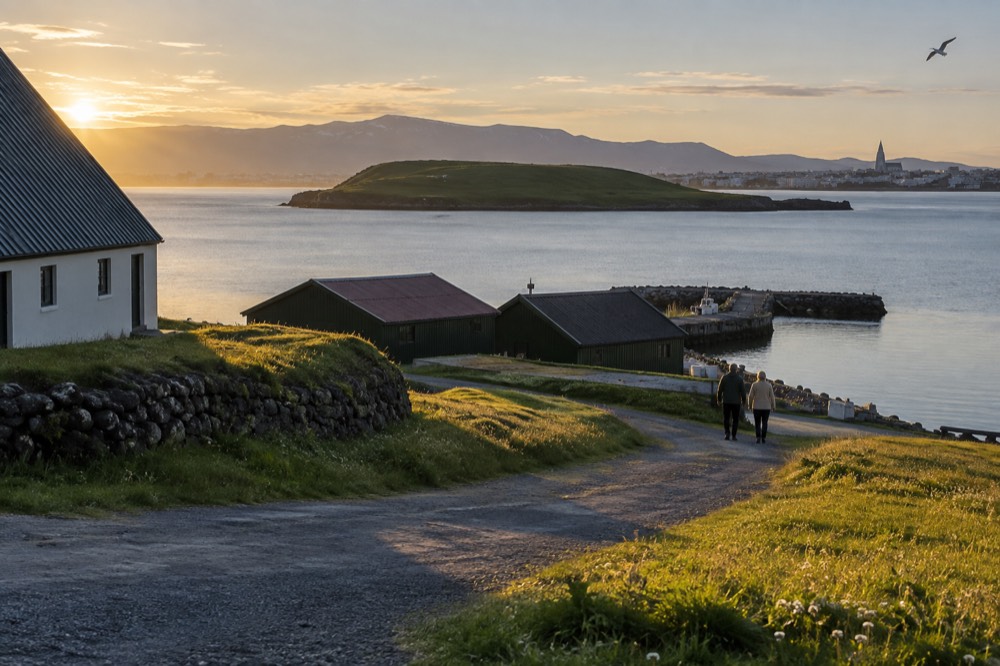 Golden evening light over calm bay water with an island silhouette